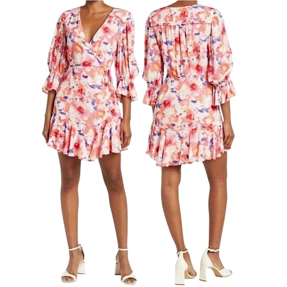 NWOT Betsy Johnson Watercoloror floral ruffle faux wrap dreas- brunch showers